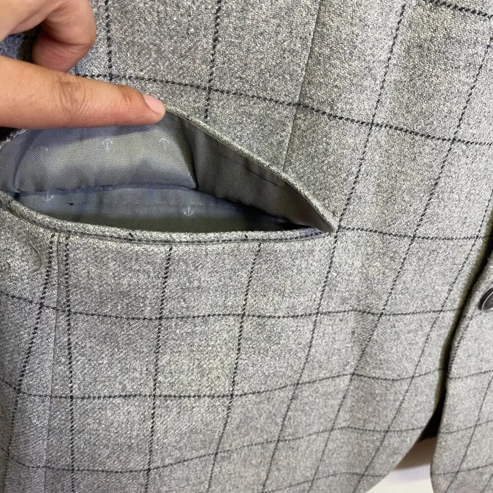 Tommy Hilfiger Mens Gray Windowpane Blazer Jacket 42R Wool Blend Lined Academia